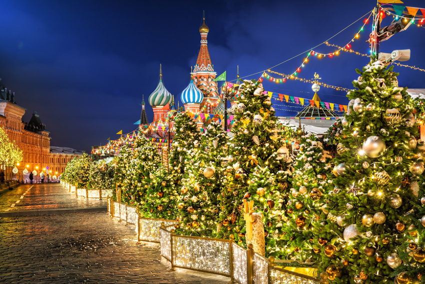 Москва. Новогодние ёлки на фоне храма Василия Блаженного (Покровского собора)